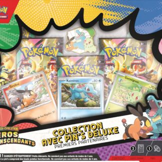 Coffret Pokémon Méga-Évolution Héros Transcendants Premiers Partenaires avec pin's Deluxe — face avant