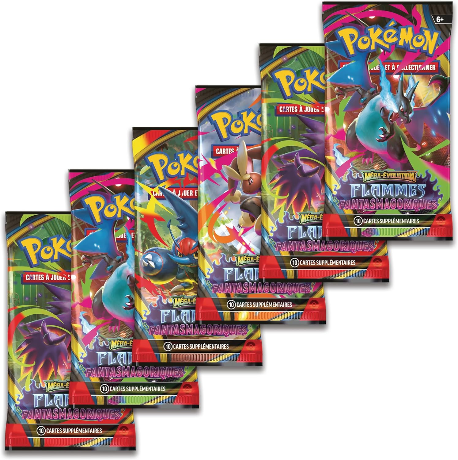 Vue des 6 boosters Méga-Évolution Flammes Fantasmagoriques